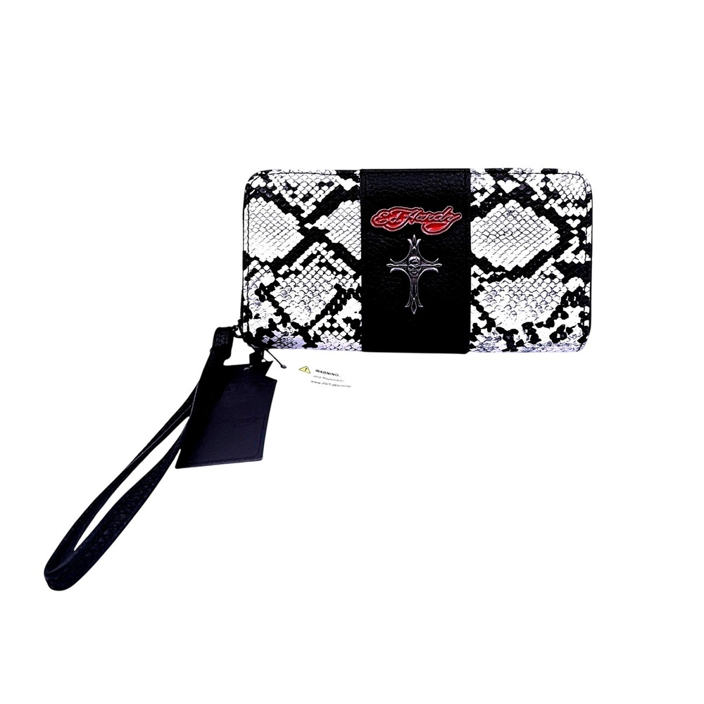 Ed‎ Hardy Wristlet Wallet OS Snakeskin Print Gothic Cross Skull Black White New